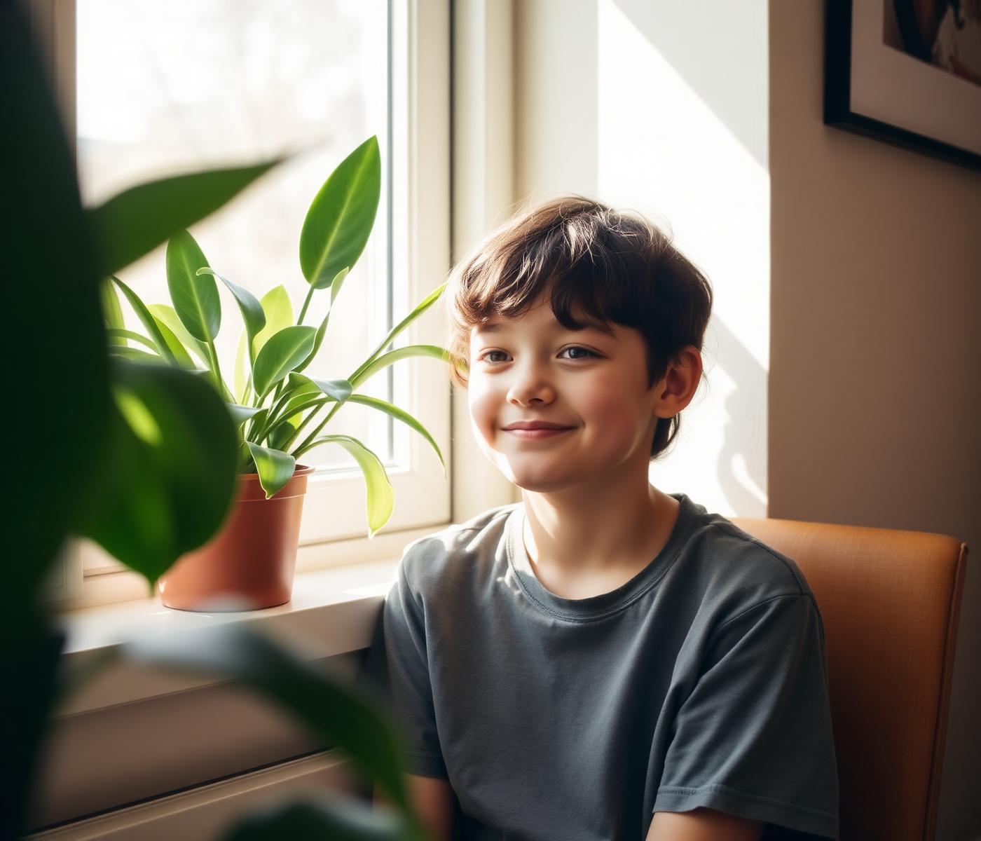 A teenager sitting calmly by a sunlit window during a hypnotherapy session in Surrey